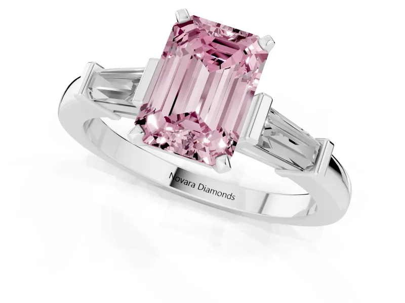 Fancy Pink Emerald Cut Diamond Solitaire Ring Set in Platinum with Tapered Baguette Accents and Prong Setting