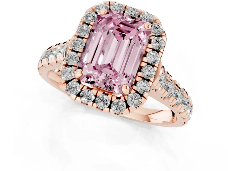Emerald Cut Accented Halo Engagement Ring Setting for a Fancy Pink Lab-Grown Diamond | Rose Gold