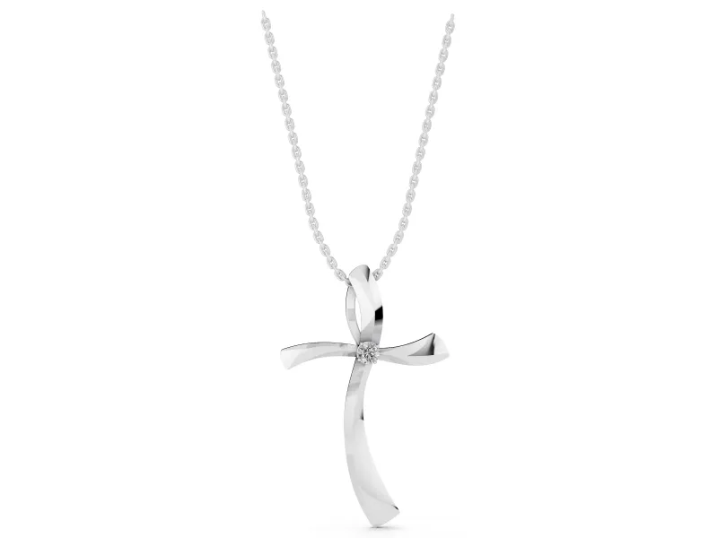 Round Lab-Grown Diamond Curved Cross Pendant Necklace | Sweeping Arms | White Gold