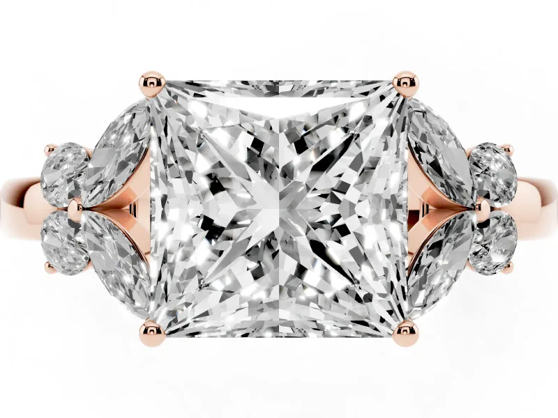 Princess Cut Petal Accent Engagement Ring Setting | Marquise and Round Sides | Rose Gold