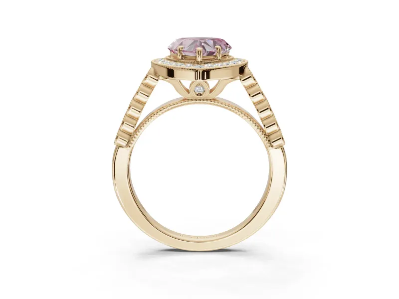 Fancy Pink Heart-Shaped Lab-Grown Diamond Milgrain Halo Solitaire Ring Set in Yellow Gold with Bezel Set Side Stones and Pavé Band