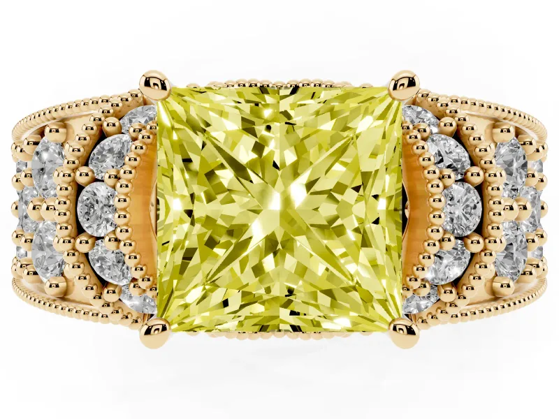 Princess Cut Vintage Pave Engagement Ring Setting for a Fancy Yellow Lab-Grown Diamond | Milgrain Edges | Yellow Gold