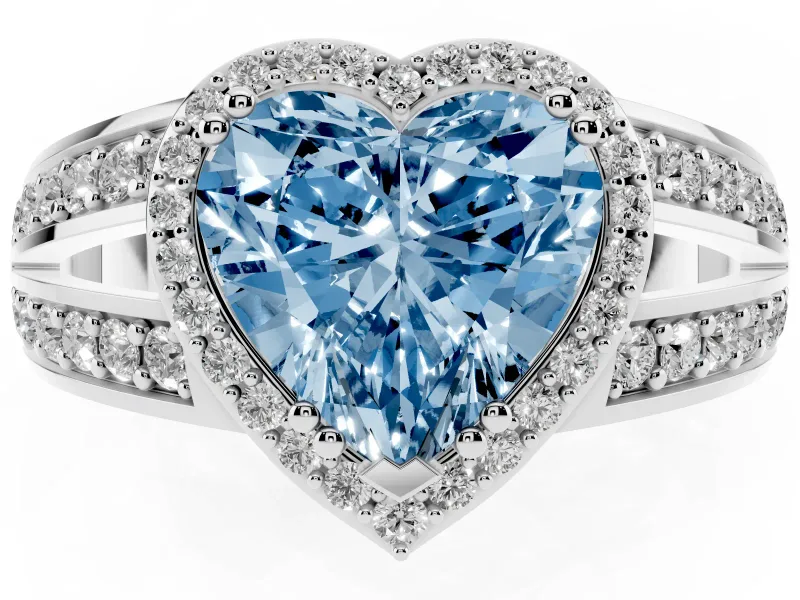 Fancy Blue Heart Cut Diamond Halo Ring Set in Silver with Double Pavé Split Shank