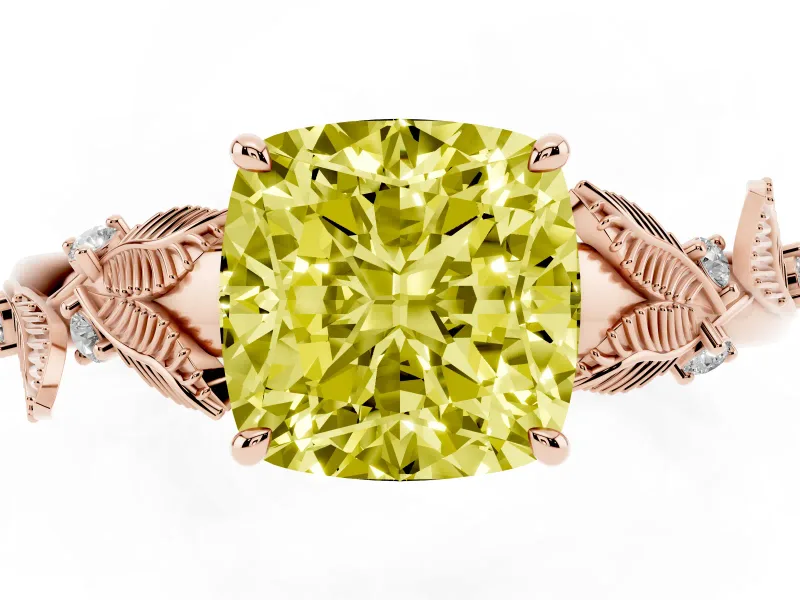 Cushion Cut Leaf Solitaire Engagement Ring Setting for a Fancy Yellow Lab-Grown Diamond | Rose Gold
