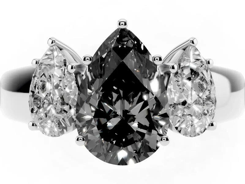 Fancy Black Three-Stone Pear Cut Diamond Ring Set in Silver with Matching Prong Settings and Plain Band