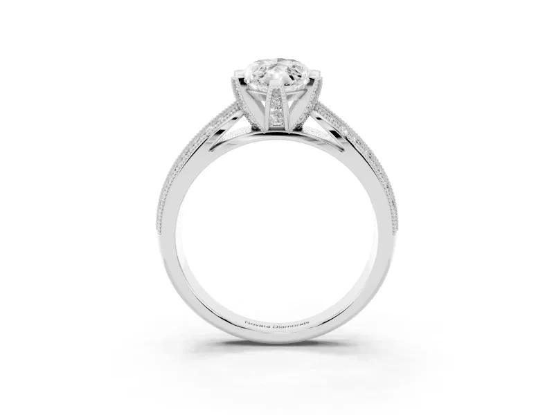 Marquise Cut Diamond Solitaire Ring Set in Silver with Milgrain Double Row Round Pavé Band