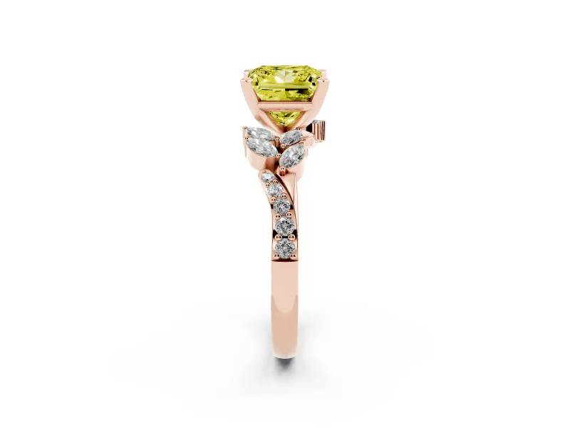 Fancy Yellow Princess Cut Diamond Solitaire Ring Set in Rose gold with Marquise Twist Band and Prong Setting