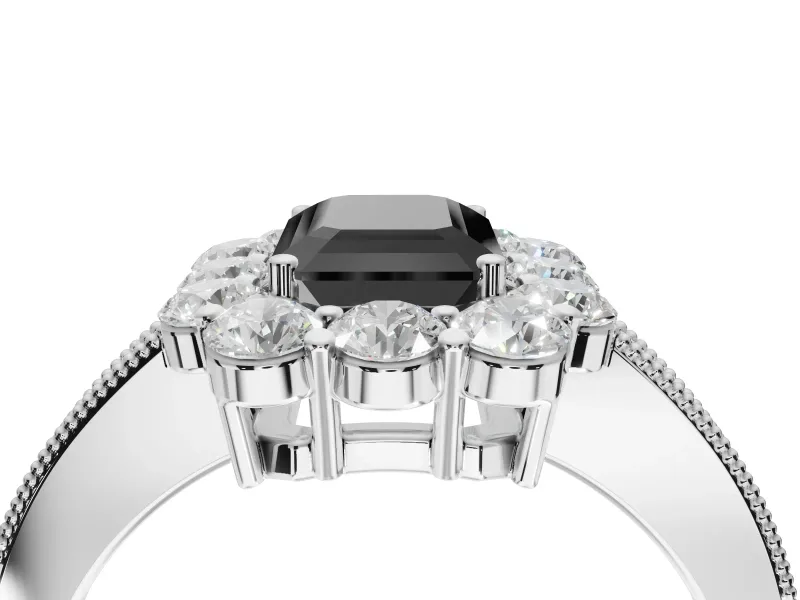 Fancy Black Emerald Cut Lab-Grown Diamond Halo Pavé Engagement Ring Set in Platinum with Milgrain Detailing