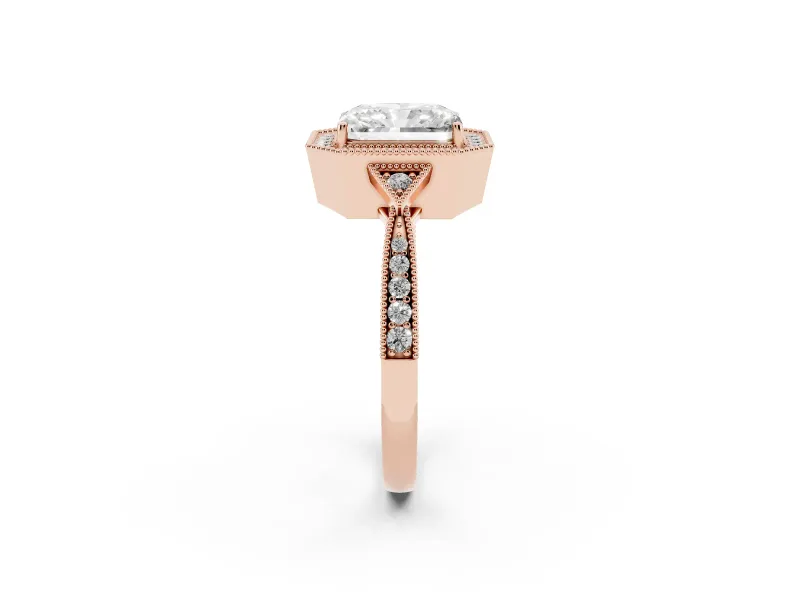 Radiant Cut Vintage Milgrain Halo Engagement Ring Setting | Graduated Pavé Band | Rose Gold