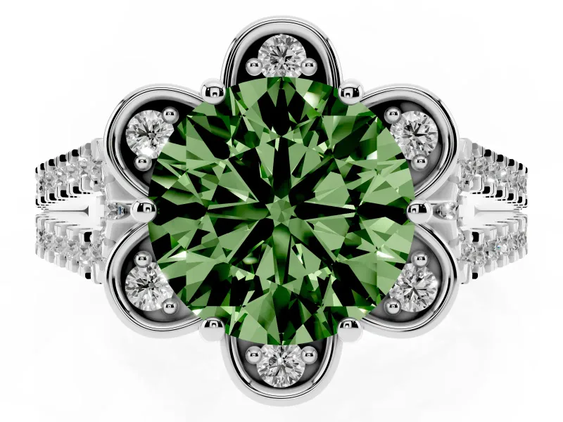 Round Floral Halo Engagement Ring Setting for a Fancy Green Lab-Grown Diamond | Pavé Split Shank | White Gold