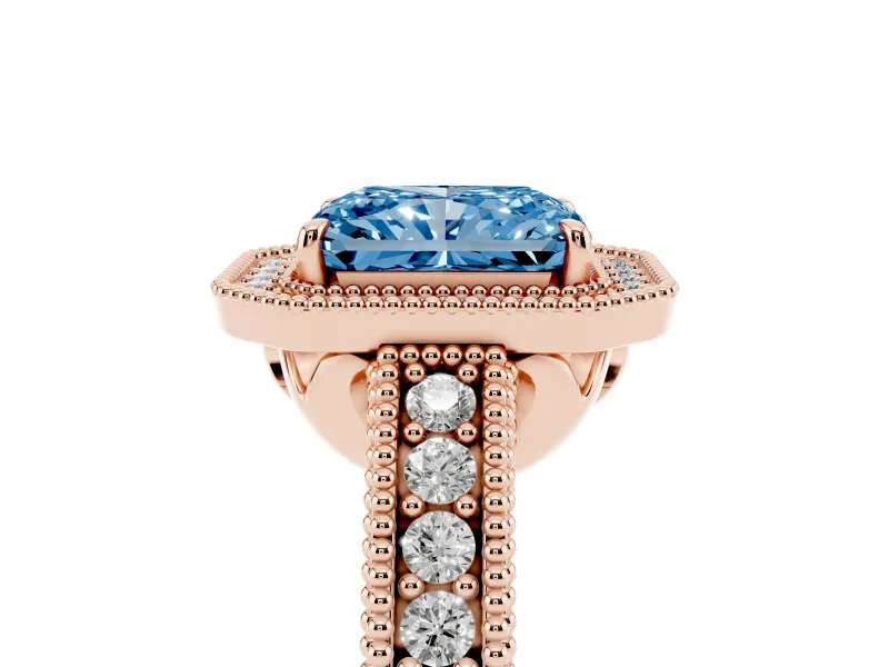 Fancy Blue Radiant Cut Diamond Halo Ring Set in Rose gold with Round Accent Halo, Pavé Band and Prong Setting