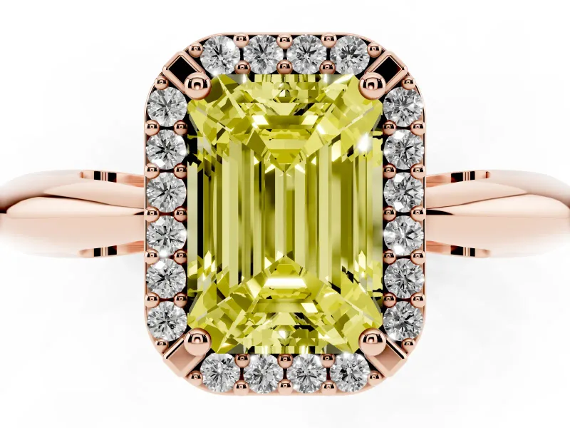 Fancy Yellow Emerald Cut Diamond Halo Engagement Ring Set in Rose gold with Plain Split Shank and Prong Setting