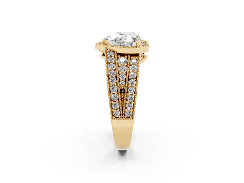 Heart-Shaped Milgrain Halo Engagement Ring Setting | Three-Row Split Shank | Yellow Gold