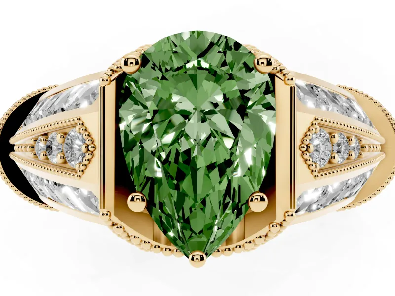 Pear-Shaped Vintage Milgrain Engagement Ring Setting for a Fancy Green Lab-Grown Diamond | Hidden Halo | Yellow Gold