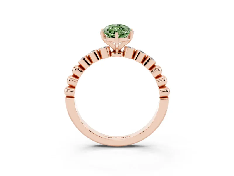 Fancy Green Marquise Cut Diamond Solitaire Engagement Ring Set in Rose gold with Bezel Accents on Beaded Band
