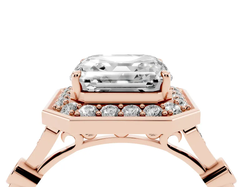 Asscher Cut Vintage Halo Engagement Ring Setting | Bezel Station Shoulders | Rose Gold