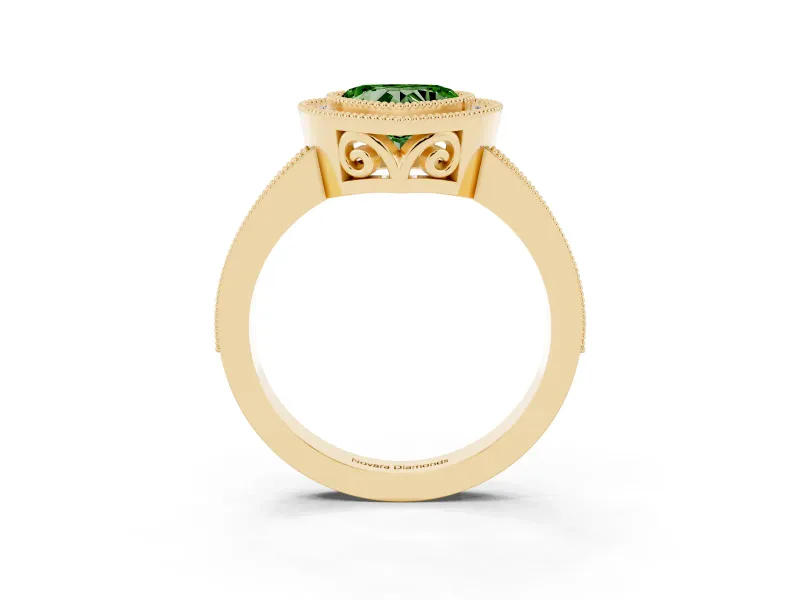 Fancy Green Heart Cut Diamond Halo Ring Set in Yellow gold with Pavé Band and Milgrain-Edged Prongs
