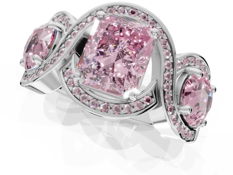 Radiant Cut Three Stone Engagement Ring Setting for a Fancy Pink Lab-Grown Diamond | Pavé Wave Band | Sterling Silver