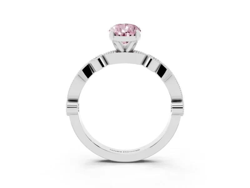 Fancy Pink Pear Cut Diamond Solitaire Engagement Ring Set in Silver with Milgrain Bezel Accent Band