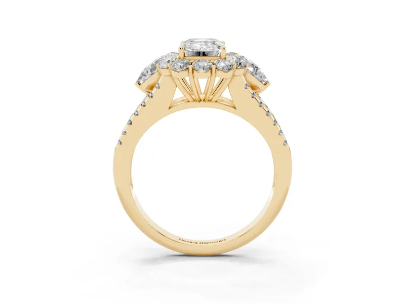 Emerald Cut Diamond Halo Split Shank Engagement Ring Set in Yellow gold with Prong-Held Center Stone