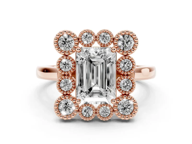 Emerald Cut Diamond Cluster Halo Ring Set in Rose gold with Milgrain Bezel Accents and Plain Band