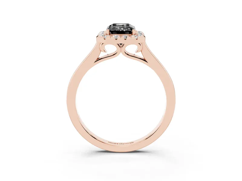 Fancy Black Emerald Cut Halo Round Diamond Solitaire Ring Set in Rose gold with Pavé Band and Prong Setting