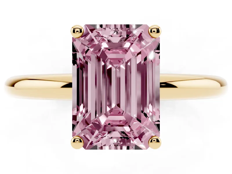 Fancy Pink Emerald Cut Diamond Solitaire Engagement Ring Set in Yellow gold with Prong Setting and Polished Band