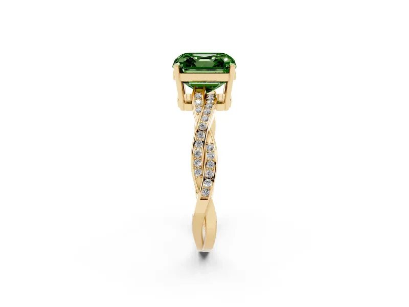 Fancy Green Asscher Cut Diamond Solitaire Twisted Pavé Ring Set in Yellow gold with Prong Setting