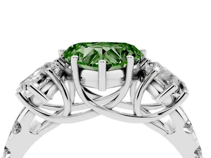 Heart-Shaped Three Stone Engagement Ring Setting for a Fancy Green Lab-Grown Diamond | Accented Shoulders | Platinum