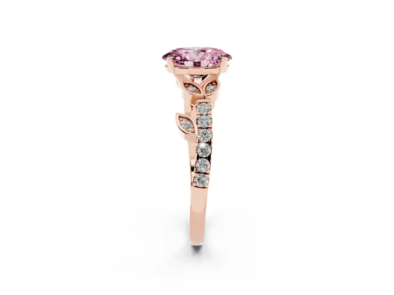 Oval Leaf Pavé Engagement Ring Setting for a Fancy Pink Lab-Grown Diamond | Rose Gold