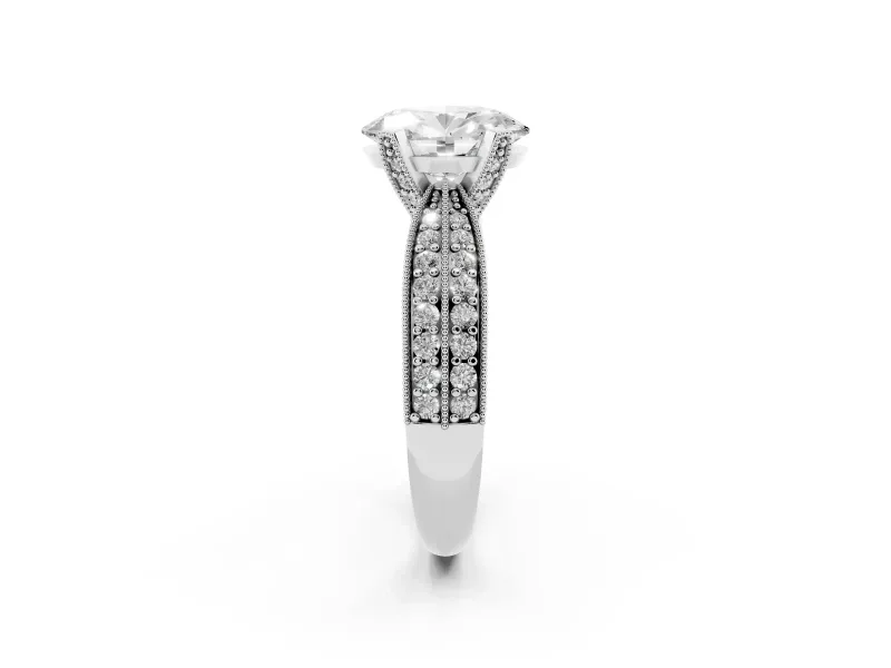 Oval Cut Diamond Solitaire Ring Set in White gold with Milgrain Double Row Round Pavé Band
