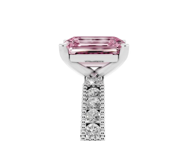Fancy Pink Emerald Cut Diamond Solitaire Ring Set in Silver with Slim Pavé Band and Prong Setting
