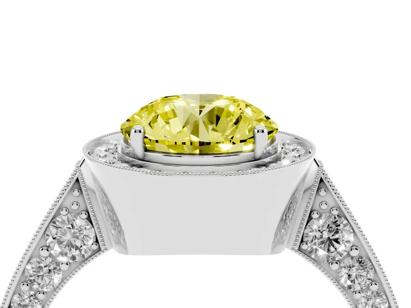 Round Milgrain Halo Engagement Ring Setting for a Fancy Yellow Lab-Grown Diamond | Side Stones | Platinum