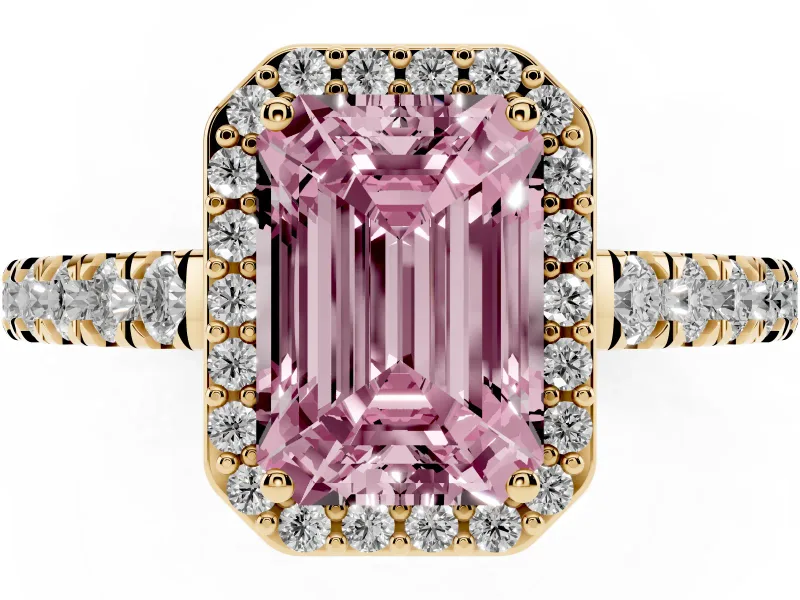 Emerald Cut Halo Pavé Engagement Ring Setting for a Fancy Pink Lab-Grown Diamond | Yellow Gold