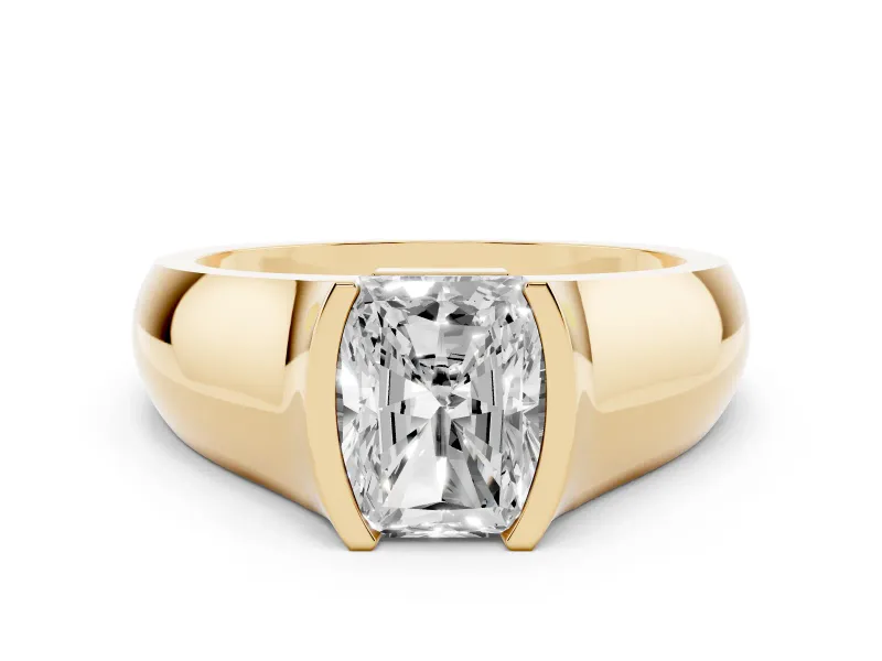 Radiant Cut Diamond Bezel Solitaire Ring Set in Yellow gold with Wide Band