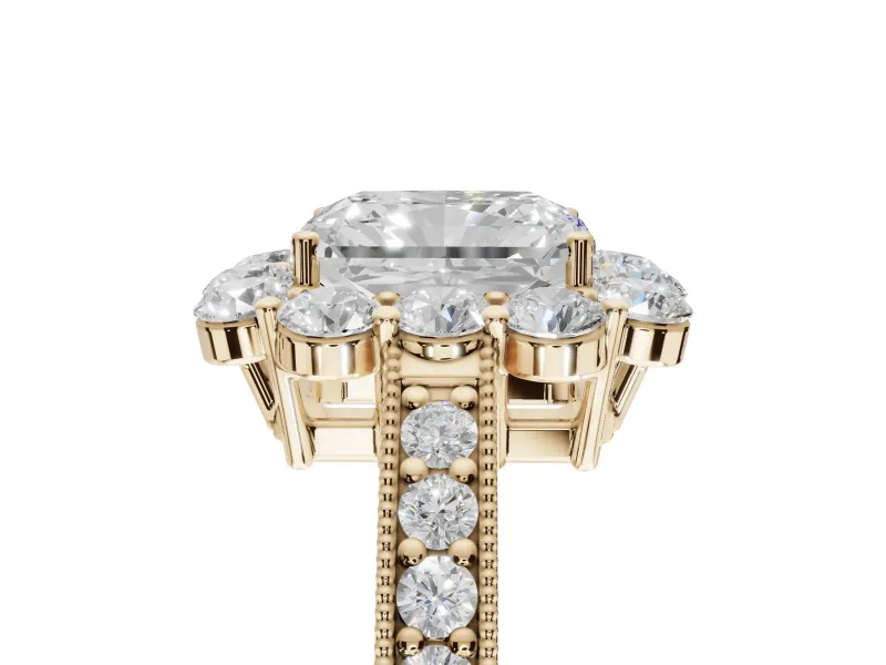 Radiant Cut Vintage Halo Engagement Ring Setting | Milgrain Channel Band | Yellow Gold