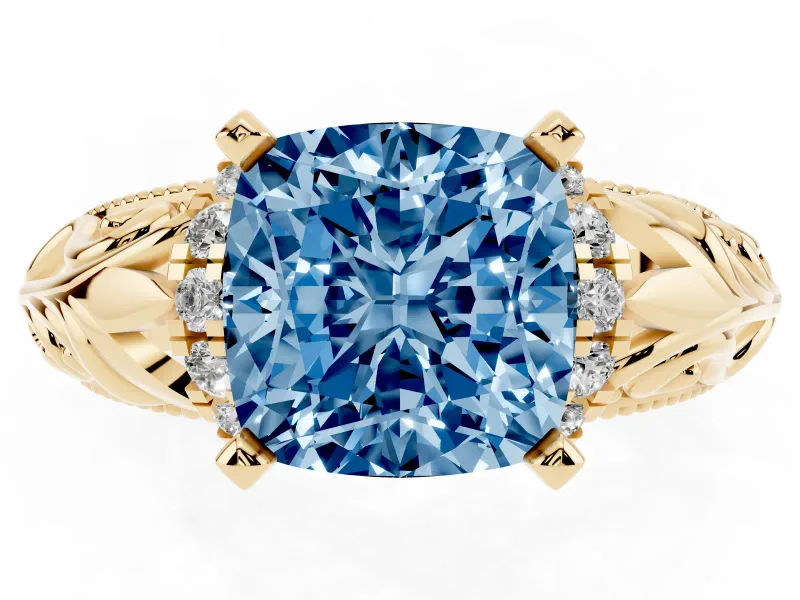 Fancy Blue Cushion Cut Diamond Filigree Halo Engagement Ring Set in Yellow gold with Prong Setting