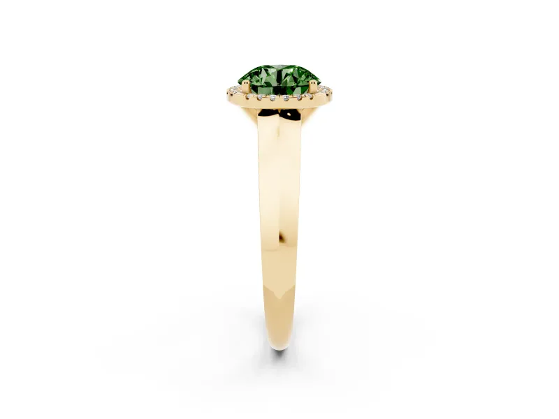 Fancy Green Round Cut Diamond Halo Ring Set in Yellow gold with Cathedral Band and Prong Setting