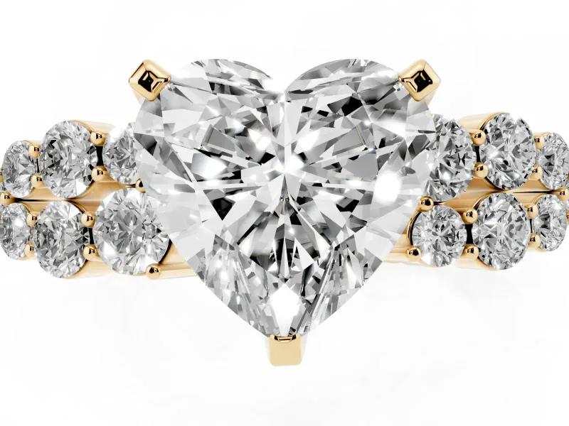 Heart Cut Diamond Cluster Engagement Ring Set in Yellow gold with Pavé Band and Prong Setting