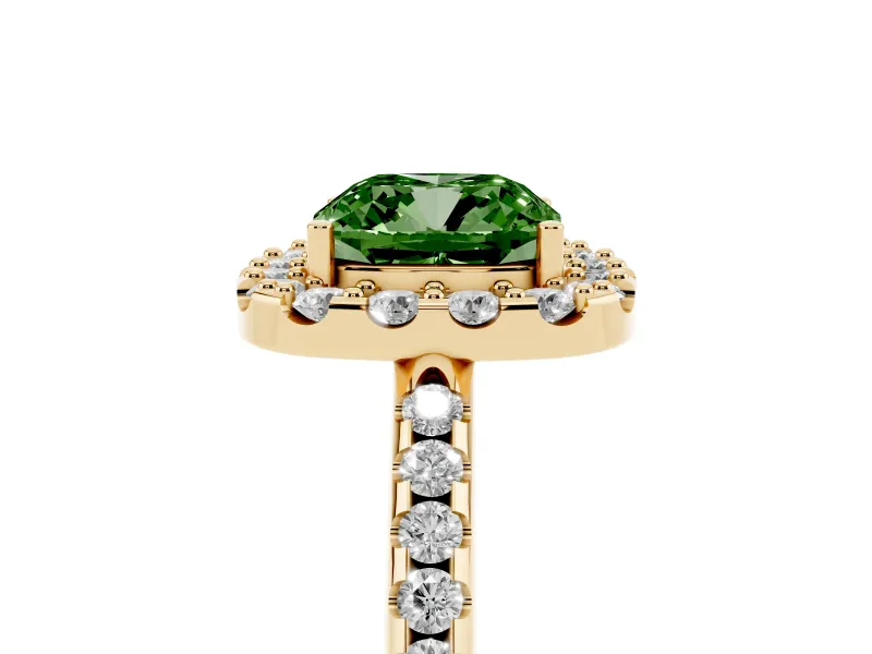 Cushion Cut Pave Halo Engagement Ring Setting for a Fancy Green Lab-Grown Diamond | Pave Band | Yellow Gold