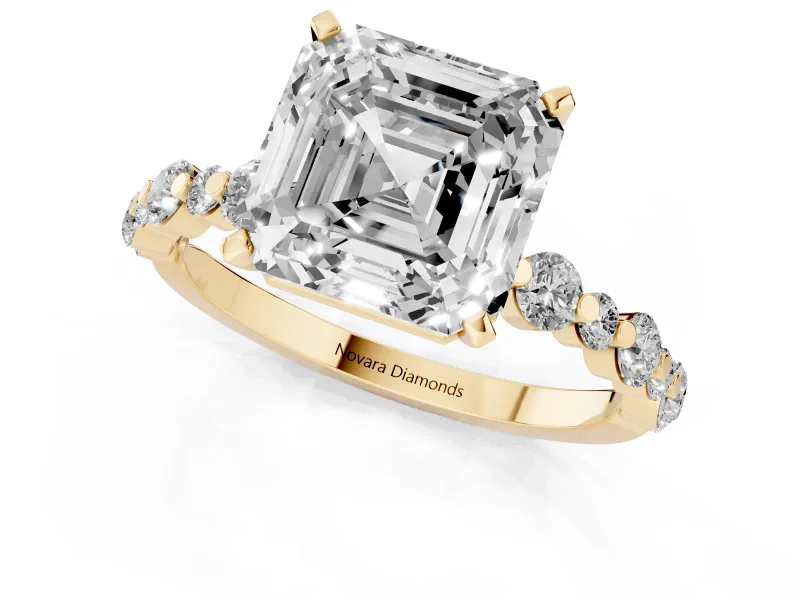 Asscher Cut Diamond Prong Set Engagement Ring Set in Yellow gold with Round Accent Pavé Band