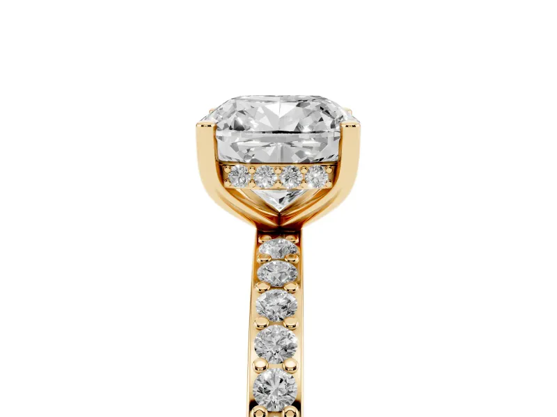 Cushion Cut Diamond Pavé Band Ring Set in Yellow gold with Prong-Set Center Stone