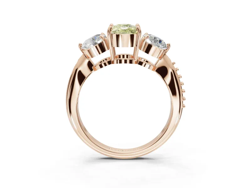 Cushion Cut Three Stone Engagement Ring Setting for a Fancy Yellow Lab-Grown Diamond | Tapered Pave Band | Rose Gold