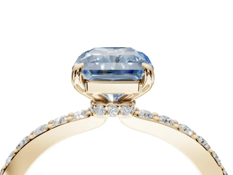Radiant Cut Hidden Halo Engagement Ring Setting for a Fancy Blue Lab-Grown Diamond | Pavé Band | Yellow Gold