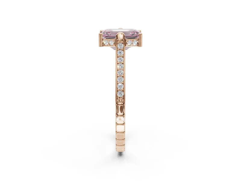 Emerald Cut Vintage Cathedral Engagement Ring Setting for a Fancy Pink Lab-Grown Diamond | Carved Band | Rose Gold