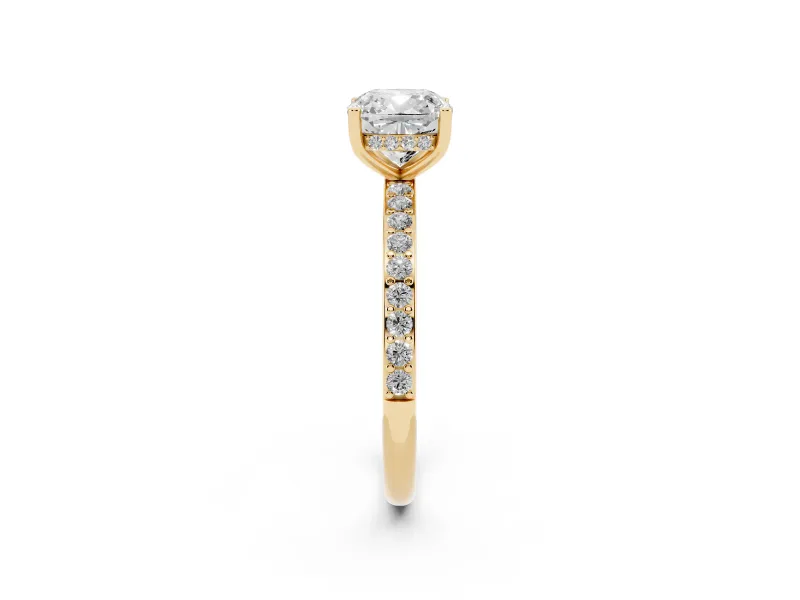 Cushion Cut Diamond Pavé Band Ring Set in Yellow gold with Prong-Set Center Stone