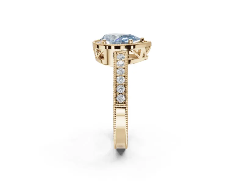 Pear-Shaped Milgrain Halo Engagement Ring Setting for a Fancy Blue Lab-Grown Diamond | Wide Pavé Band | Yellow Gold