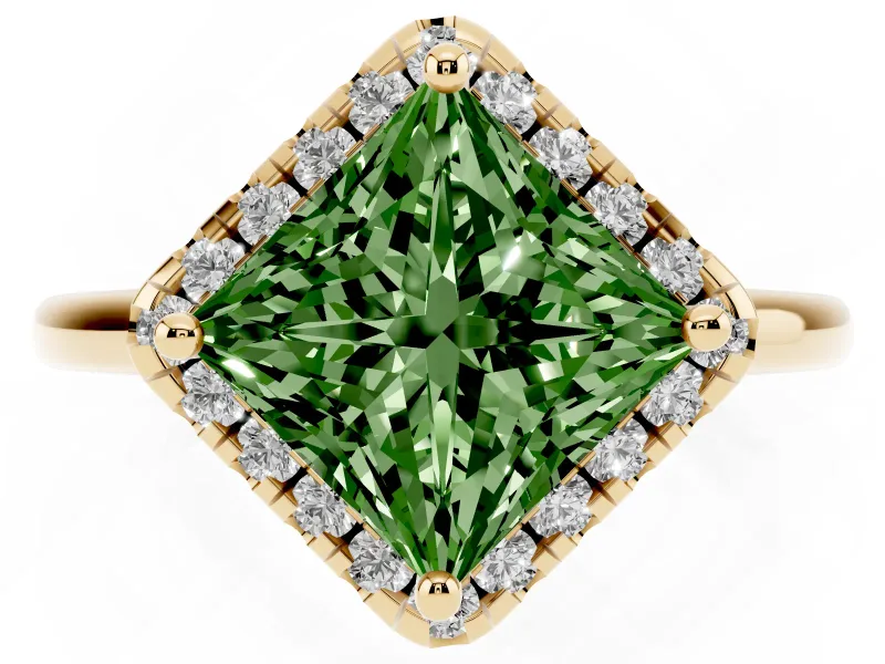 Princess Cut Halo Engagement Ring Setting for a Fancy Green Lab-Grown Diamond | Plain Polished Band | Yellow Gold