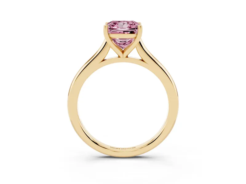 Fancy Pink Princess Cut Diamond Solitaire Ring Set in Yellow gold with Cathedral Band and Prong Setting