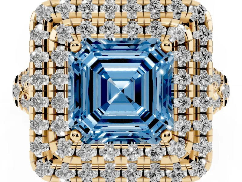 Asscher Cut Halo Split Shank Engagement Ring Setting for a Fancy Blue Lab-Grown Diamond | Pavé Strands | Yellow Gold